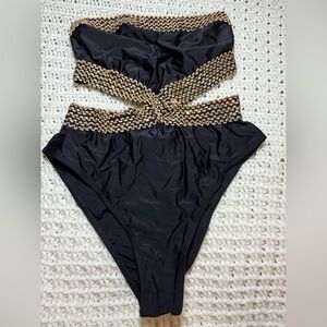 Black & Gold Strapless One-Piece Swimsuit | High-Waist Look | NWOT | S